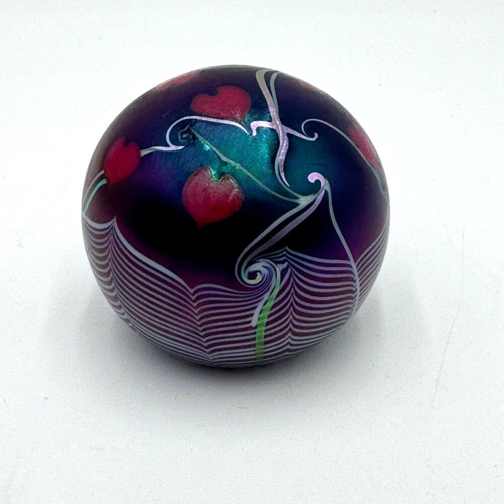 Grant and Randolph Studios deep Cabot Blue swirl and red heart design paperweigh